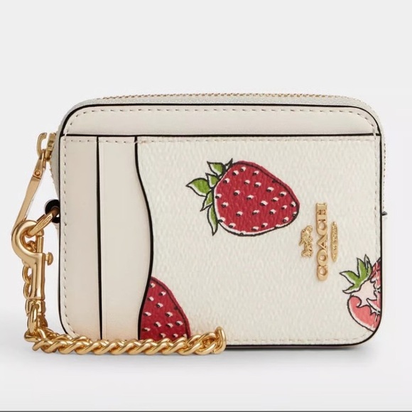 Coach Handbags - Coach Zip Card Case in Chalk With Strawberry Print Gold Hardware CAR32